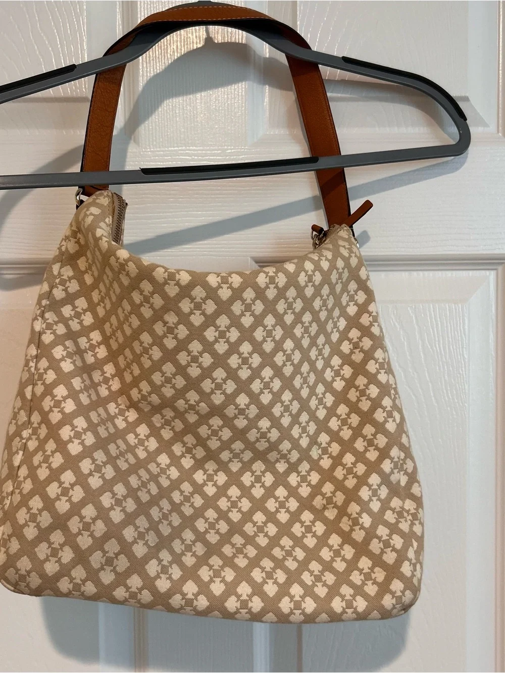 Kate Spade “Mona” Beige Patterned Hobo with Pink and Red Stripe